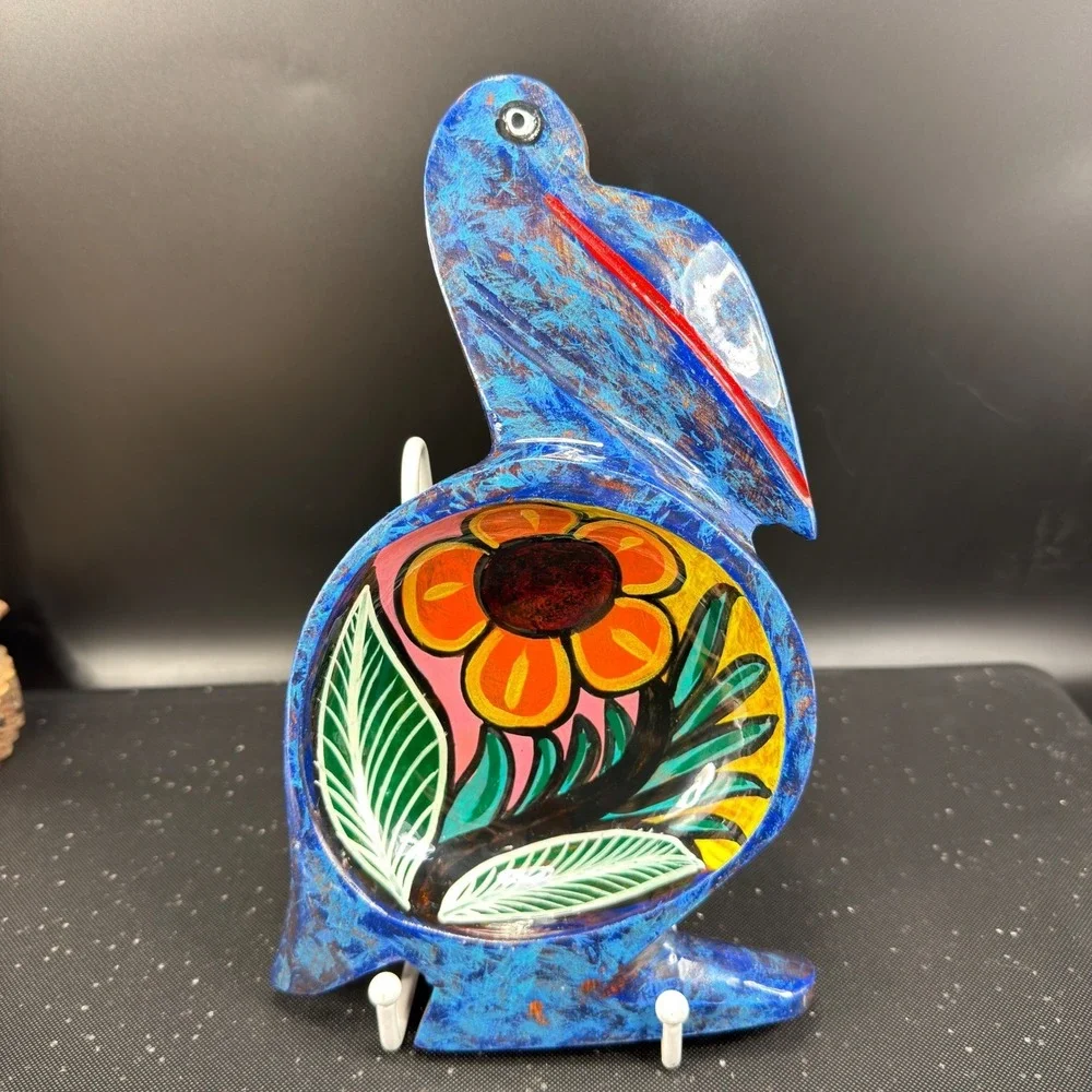 Vintage Hand Painted Wooden Pelican Bowl Floral Folk‎ Art Blue Decorative Dish